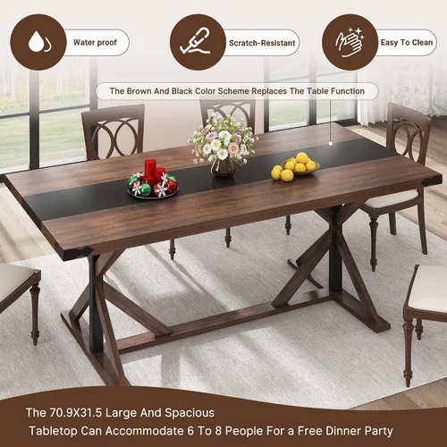 Miniatura 7 de Hlivelood Mesa de comedor de 71 pulgadas para 6 personas, mesa rectangular de cocina de granja con grosor impermeable, mesas de comedor largas