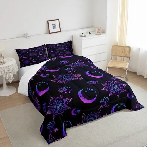 Miniatura 4 de Erosebridal Juego de ropa de cama bohemio con luna y loto bohemio, relleno de edredón negro de Fátima Hamsa, edredón hippie con ojos misteriosos