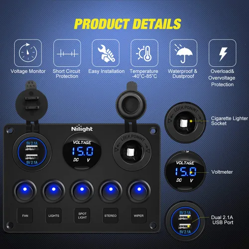 Miniatura 3 de Nilight 90101E - Cargador USB dual de 5 bandas multifunción basculante + volímetro digital + salida de 12 V, panel de interruptores precableado