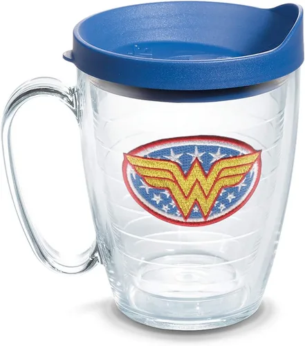 Tervis DC Comics - Vaso aislado de doble pared con emblema de la Mujer Maravilla fabricado en Estados Unidos, mantiene las bebidas frías y azul