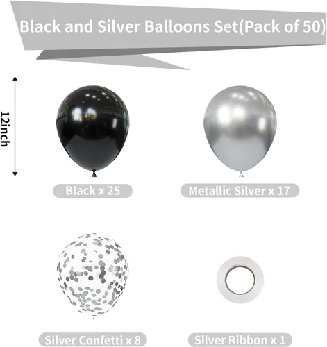 Miniatura 2 de Globos negros y metálicos plateados, 50 piezas de globos negros y plateados de 12 pulgadas, globos para fiestas para cumpleaños, graduación, Año