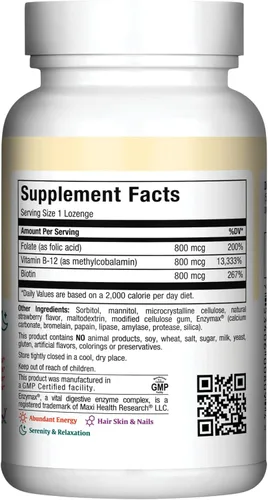 Miniatura 2 de Pastillas de vitamina B12 con ácido fólico y biotina – Sublingual B 12 vitaminas sabor fresa – Vitamina vegetariana Kosher B 12 – Suplemento VIT B12