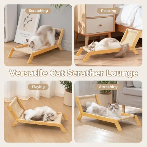 Miniatura 5 de Avont Cama rascador para gatos, almohadilla rascador de sisal natural, marco de madera maciza, sillón para gatos de interior, extra grande