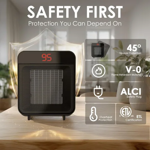 Miniatura 5 de Reaks PTC - Calentador de espacio de cerámica con enchufe de seguridad ALCI para baño e interior, calentador eléctrico de 1500 W con termostato Negro