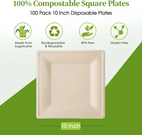 Miniatura 2 de ECOLipak Paquete de 100 platos cuadrados compostables, platos de papel desechables de 10 pulgadas hechos de caña de azúcar, ecológicos, resistentes