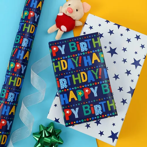 Miniatura 6 de AUCLAY Papel de regalo reversible de cumpleaños para niños, niñas, adultos, baby shower, vacaciones, diseño colorido de letras y estrellas de feliz
