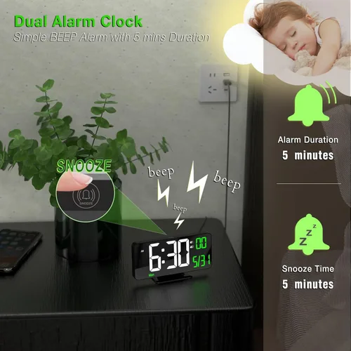 Miniatura 6 de KOSUMOSU Reloj de Escritorio 6.7 pulgadas Reloj Despertador Digital Negro con Alarma Dual, Atenuación, Fecha, Día de la Semana, Temperatura, 12h