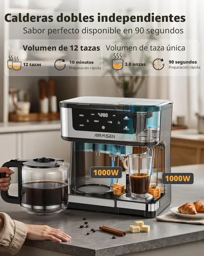 Miniatura 5 de AIRMSEN Cafetera Dual Programable de 12 Tazas – Máquina de una sola porción para Cápsulas K-Cup y Café Molido, 1000W de Preparación Rápida, Inicio