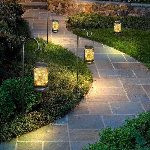 Miniatura 7 de Mlambert Paquete de 4 linternas colgantes solares con estacas, luces de cuerda de hadas solares impermeables para exteriores en frasco Mason, Blanco