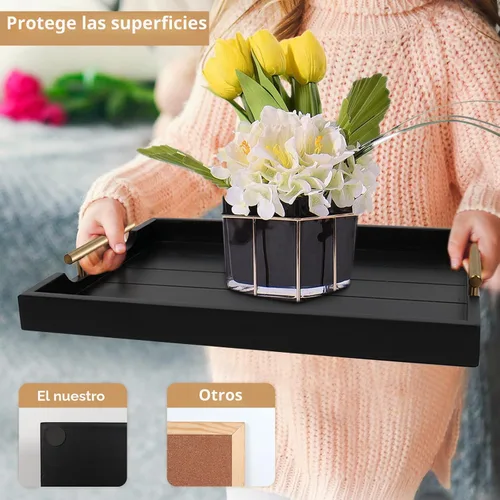 Miniatura 4 de SXNOWS Bandejas de mesa auxiliar, bandeja otomana grande para sala de estar, bandeja de madera para servir con 2 juegos de asas, bandeja de madera