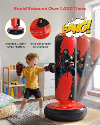 Miniatura 5 de QPAU - Saco de Boxeo para Niños, Bolsa de Boxeo Inflable Estable de 66 Pulgadas con Guantes de Boxeo, Soporte, Juguetes de Boxeo para Niños de 6 a