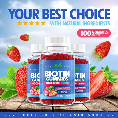 Miniatura 4 de Biotin - Gomitas de 10,000 mcg para el crecimiento del cabello, la piel y las uñas (100 unidades) – 2 vitaminas de biotina de máxima fuerza