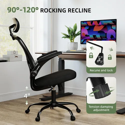 Miniatura 4 de ralex-chair Silla de oficina ergonómica con reposacabezas ajustable y soporte lumbar, silla de escritorio para computadora con reposabrazos Negro