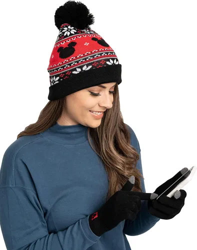 Miniatura 2 de Disney Adult Knit Beanie Hat and Texting Glove Set Mickey Minnie Mouse Print