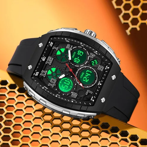 Miniatura 2 de Relojes para hombre, únicos rectángulos, reloj de pulsera blanco con pantalla digital analógica de doble hora, cronómetro de cuenta regresiva