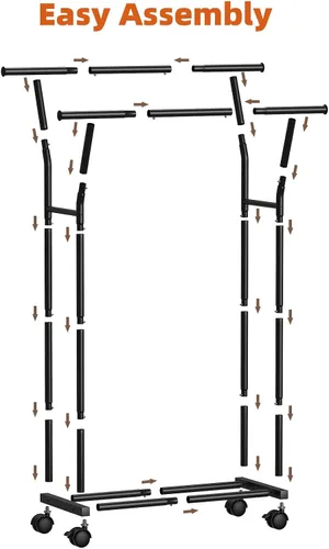 Miniatura 7 de Luxspire Perchero de doble barra para colgar ropa, perchero con ganchos laterales, estantes inferiores, ruedas de 360°, percheros para dormitorio