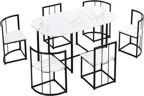 Miniatura 8 de Merax Juego de mesa de comedor moderno de 7 piezas para 6, mesa de mármol MDF sintético, 6 sillas de metal, negro y blanco Negro-blanco