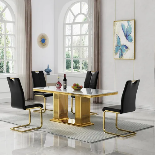 Miniatura 52 de 5 Piece Black Marble Dining Table Set for 4, Modern Faux Marble Kitchen Dining Room Tables with 4 Leather Chairs Set, 68.11" Luxury Rectangular