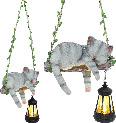 Estatua de jardín con luz solar para exteriores, columpio colgante de 22.6 pulgadas de alto con un gato dormido y una linterna LED, figura de animal