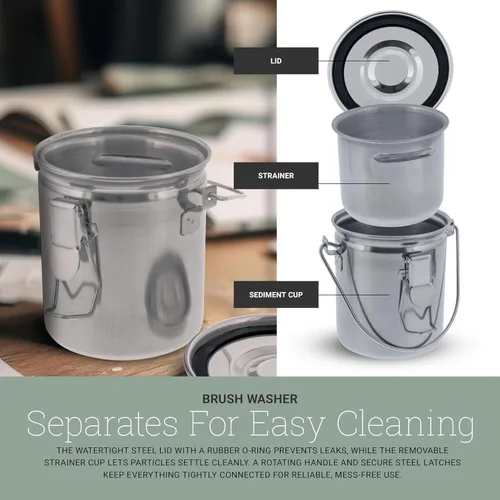 Miniatura 3 de U.S. Art Supply Limpiador de pinceles de pintura de lujo a prueba de fugas de acero inoxidable con tanque de lavado, tapa de clip y vaso colador