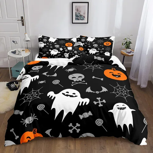 Miniatura 47 de Juego de funda de edredón de calabaza para Halloween, divertido diseño de calabaza malvada, color negro, juego de ropa de cama Tiwn 1 funda