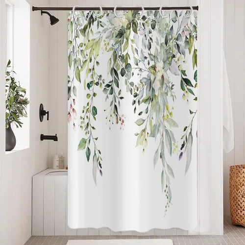 Miniatura 18 de Cortina de ducha de eucalipto, hojas verdes de acuarela en la parte superior con cortina de baño floral, decoración de baño para bañera, tela Hoja