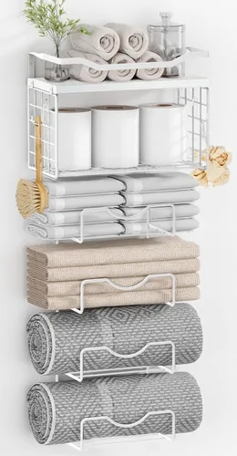 Miniatura 9 de Toalleros para baño, toallero montado en la pared, soporte para toallas de 6 niveles enrolladas o dobladas con estantes flotantes, portotoallas
