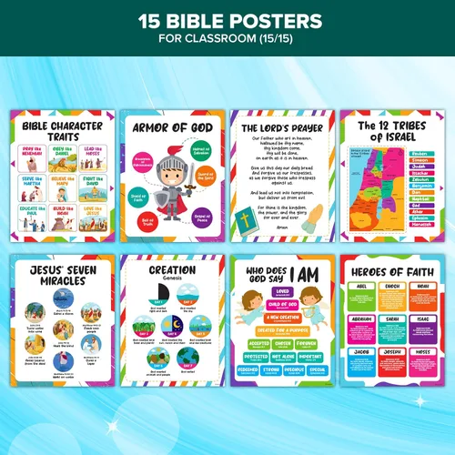 Miniatura 7 de Decorably 15 vibrantes pósteres bíblicos para el aula de niños, educativos, decoración laminada mate de 11 x 14 pulgadas, para la escuela, pasillos
