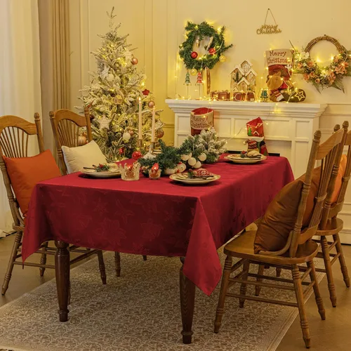 Miniatura 5 de Softalker: Mantel de Navidad de jacquard, mantel rectangular vintage de damasco de invierno, mantel impermeable de poliéster con copo de nieve