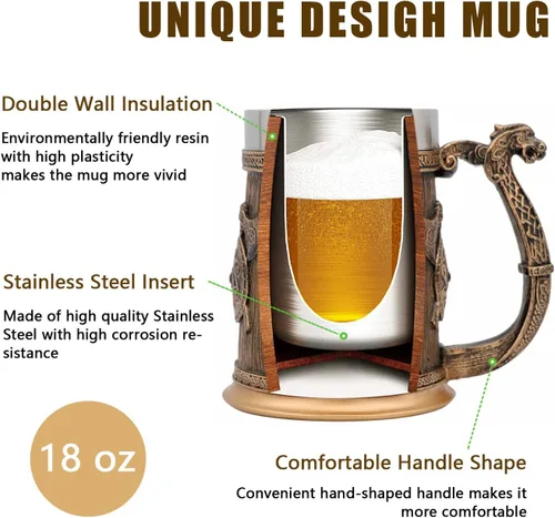 Miniatura 2 de Jarra de barril de madera Stein Tankard, Taza de acero inoxidable con asa, decoración nórdica vikinga mitológica poética gótica para fiestas