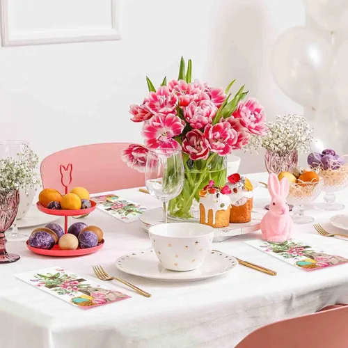 Miniatura 4 de Whaline 80 hojas de servilletas de papel desechables de Pascua con diseño floral de huevo de conejo, flores, cena, servilletas de mano