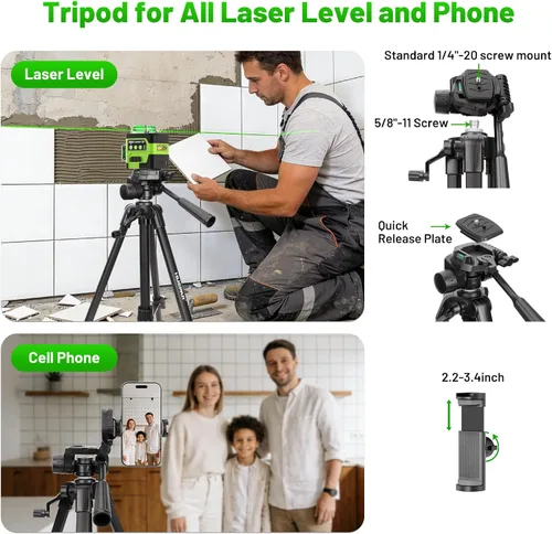 Miniatura 2 de Huepar - Trípode de nivel láser, trípode de 47 pulgadas para medidas de distancia láser de línea cruzada, teléfono y cámara, soporte de trípode