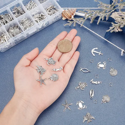 Miniatura 6 de PH PandaHall 180 dijes de concha de pez, 9 estilos de dijes de océano con 50 anillos de salto, colgante de estrella de mar, conchas marinas, peces 9