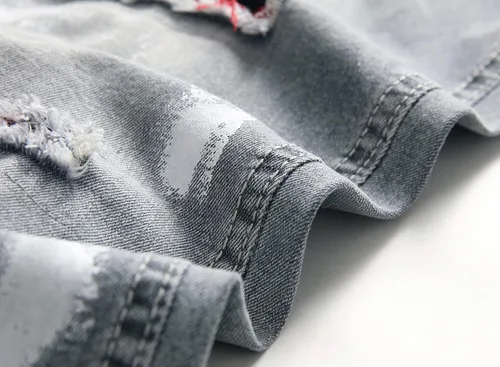 Miniatura 5 de SRETOUU Pantalones de mezclilla ajustados para hombre elásticos rasgados elásticos ajustados desgastados de pierna cónica