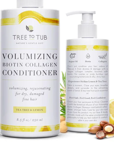 Tree To Tub Acondicionador vegano de biotina y colágeno para cabello seco y dañado, acondicionador voluminizador sin sulfato para engrosamiento del