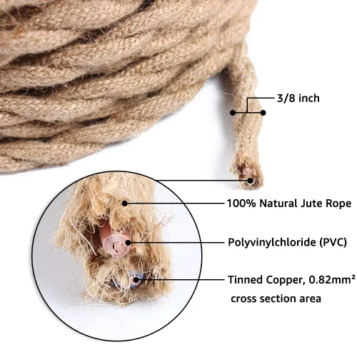 Miniatura 2 de Lámpara cubierta de cuerda de 25 pies, cable trenzado PRUNLLA vintage 18/2, cuerda de cáñamo eléctrica industrial, estilo antiguo de calibre 18
