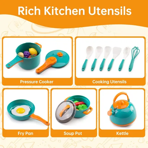 Miniatura 5 de 60 piezas de accesorios de cocina de juego para niños, juego de cocina simulada con ollas y sartenes, vajilla y conjuntos de frutas y barbacoa, Verde