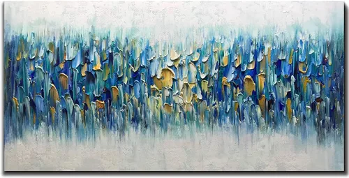 Miniatura 8 de AMEI Arte, 24 x 60 pulgadas, grande, pintado a mano, abstracto, texturizado, dorado, azul, pinturas acrílicas, arte de pared multicolor, estirado