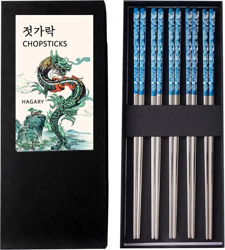 Miniatura 8 de Hagary Palillos de Dragón de Metal Reutilizables Diseñados en Corea Estilo Japonés de Acero Inoxidable 316 18/10 Antideslizantes 2 Pares Aptos