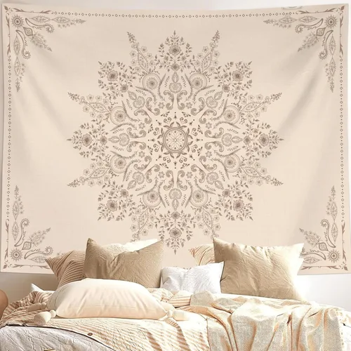Miniatura 9 de Neasow Tapiz bohemio para colgar en la pared, tapiz floral beige y blanco con estampado de medallón, decoración bohemia para dormitorio, blanco