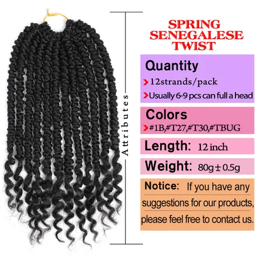 Miniatura 4 de Pelo de ganchillo senegalés pre primavera trenzado para mujeres negras, pelo sintético Passion Twist trenzado, pelo corto de 12 pulgadas rizado #1B