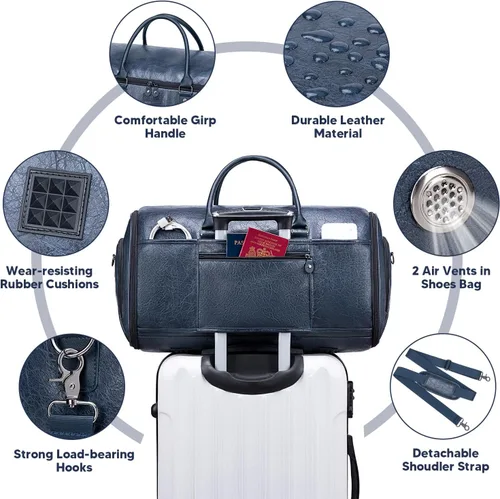 Miniatura 3 de Bolsa de cuero para ropa de viaje, Azul, Elegante