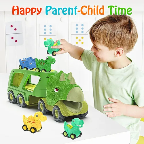 Miniatura 6 de Veslier Coche de Juguete de Dinosaurio para Niños de 3, 4 y 5 Años, Camión Transportador con Energía de Fricción con Pack de 4 Coches Pequeños