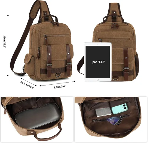 Miniatura 2 de Bolsa de mensajero vintage, mochila de lona para viajes, bolsa de hombro para hombre, bolsa de doble uso para transporte de mano y transporte