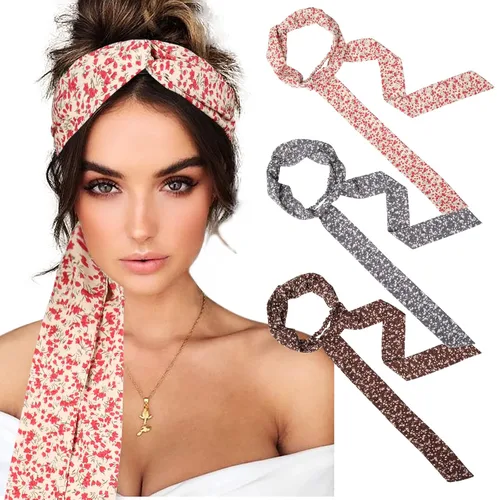Miniatura 11 de AWAYTR Diademas de gasa con trenzado largo para mujer - 3 unidades, envolturas cruzadas para cabello grueso (Negro+Beige+Jaque)