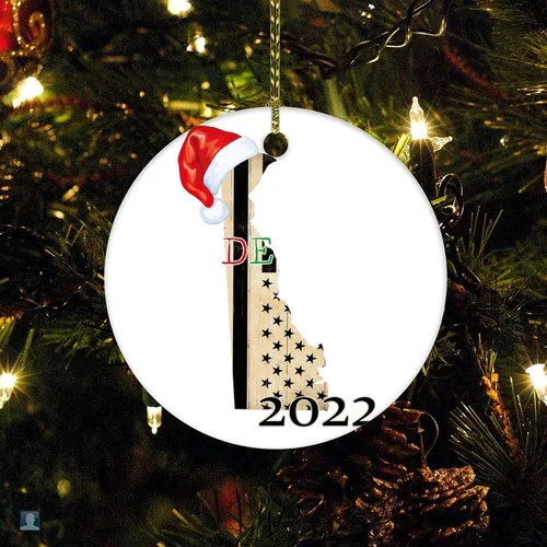 Adorno de cerámica de Navidad Delaware, adornos personalizados para árbol de Navidad, Delaware, bandera estatal estadounidense recortada, adorno de