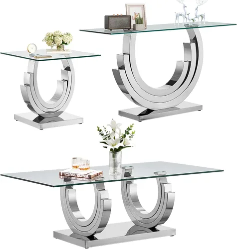 Miniatura 39 de SSLine Mesa auxiliar de cristal de lujo para sala de estar, mesa auxiliar moderna dorada con base de pedestal de acero inoxidable en forma de flor