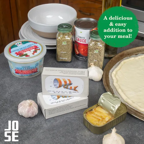 Miniatura 4 de Bacalao en aceite de oliva y ajo por Jose Gourmet, bacalao portugués capturado silvestre, bacalao enlatado en aceite de oliva, Omega 3, Comercio