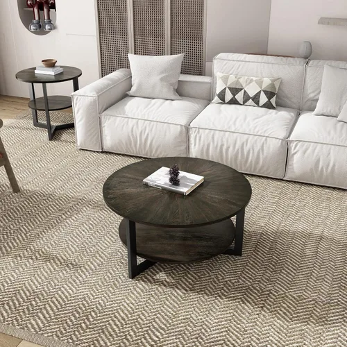 Miniatura 3 de Mesa auxiliar redonda con estante de almacenamiento, mesa central circular de 33.5 pulgadas con patas de metal negro, mesa de cóctel industrial de 2