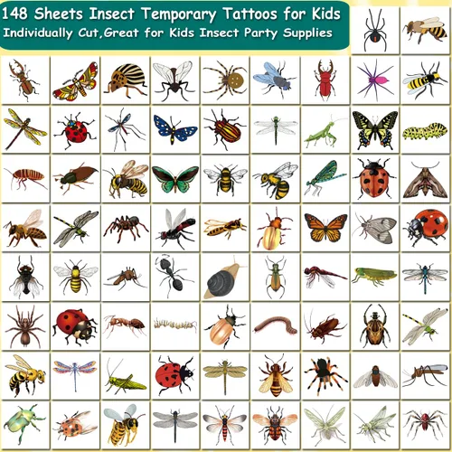 Miniatura 3 de CHARLENT 148 hojas individuales de tatuajes temporales de insectos para niños, tatuajes de insectos para niños, suministros de fiesta de cumpleaños